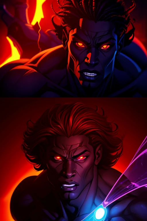 An incubus resembling a handsome African American man. The incubus has glowing red eyes. Comic-style realism animation mixed with digital painting. Polished and realistic effect. Emphasis on detailed expressions and smooth gradients giving a balanced and c...