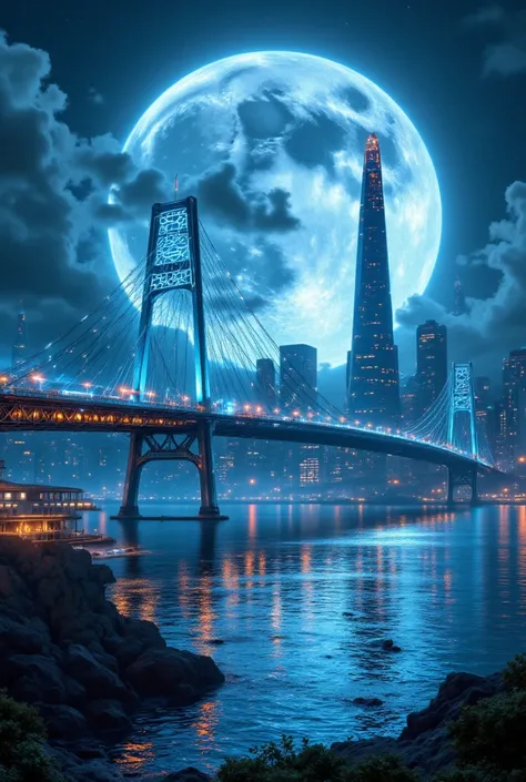 Futuristic San Francisco Bay Bridge、Huge Full Moon in a Clear Night Sky、Moon Reflected on Water、Holographic Lights、Floating Transport Pods、Glowing Chrome and Glass Structures、Advanced Solar Panels、Anti-Gravity Vehicle、Neon lighting、Underwater Luminescent A...