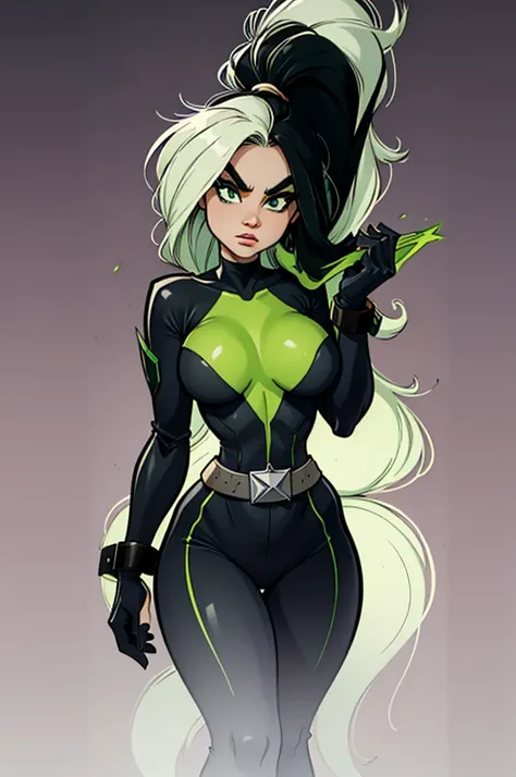 A tall, slender woman with a striking and dangerous allure. She has long, flowing jet-black hair with a slight green tint that cascades down her back, reaching past her waist. Her piercing emerald-green eyes are framed by sharp, arched eyebrows, giving her...