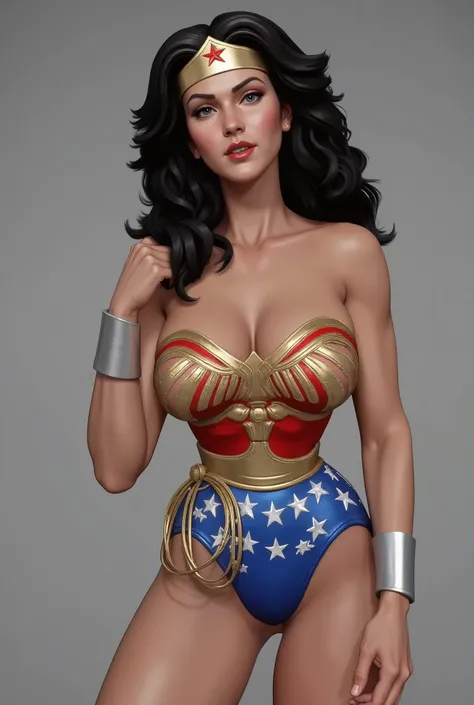 a gorgeous Wonder woman in a tight red and blue costume, long dark hair, beautiful detailed eyes, striking facial features, muscular athletic physique, digital painting, intricate detailed rendering, hyper realistic, 8k, vibrant colors,  highly detailed, g...