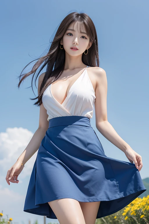  Korean woman,26 years old, Shoulder-length hair,Height 165 cm ,Chest C cup,waist 60 cm,hips 90 cm,Feet 240 mm, bright skin tone ,Big eyes,prominent features,sky blue dress,Hold the skirt with both hands and lift it up,Keep the skirt short