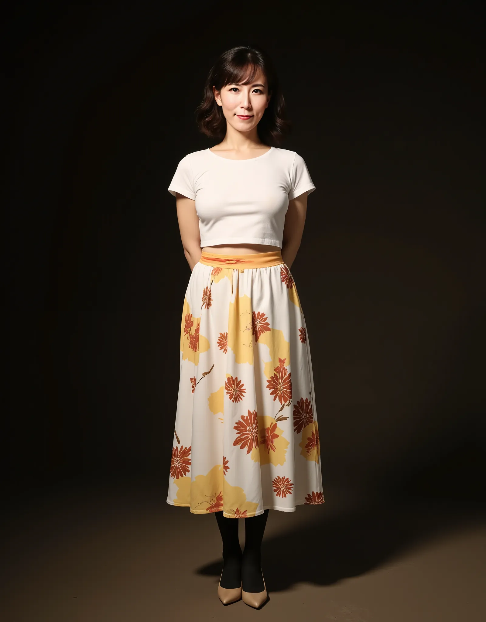 45 years old Japanese beautiful woman, shiny skin, white skin, beautiful skin, dark brown loose perm hair with large bangs, pure white T-shirt, skirt with yellow or red floral pattern on pure white fabric, skirt long enough to cover the knees, black pantyh...