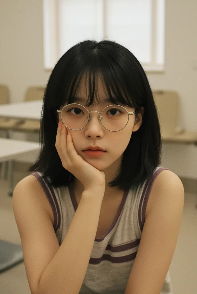 middle school girl wearing oval silver-rimmed glasses, black hair semi-long hair,straight hair, a tank top with a purple horizontal stripe border , rough skin,Small waiting room with white table, Regrettable Expression, shot from the waist 