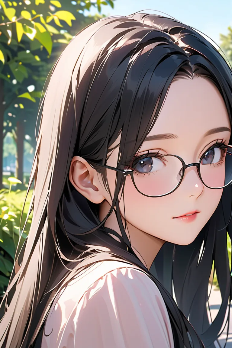 best quality, soft , super detail,   beautiful , 8k, 1 girl  , long hair,  black hair, outdoor, bright,  clear sky,  mature women, long hair, forehead, Black Eyes, glasses 