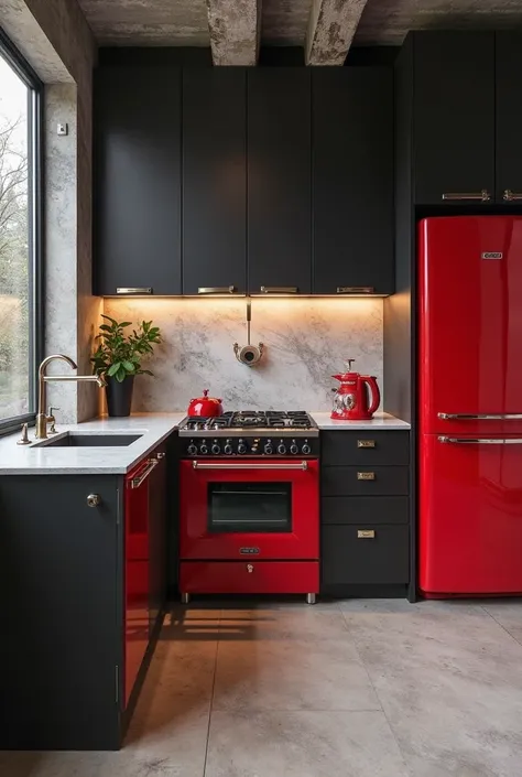 Black, gray and white kitchen with cand apple red appliances