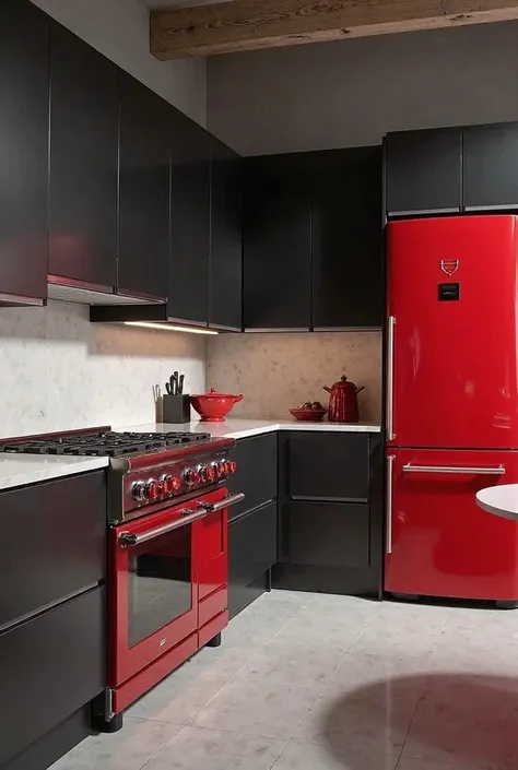 Black, gray and white kitchen with cand apple red appliances