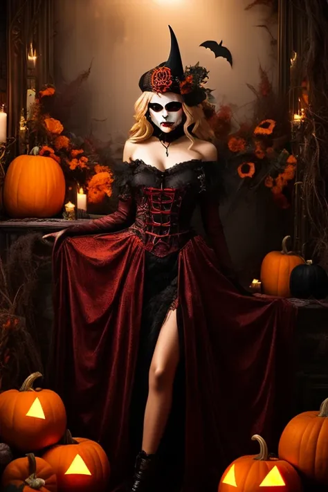 Royal Vibes — A pix of a girl dressed as a blood demon with a background of a spooky and dimly lit halloween party with cobwebs and pumpkins. Small details in contrasting royal colors. Opposing color swatches. Day light.