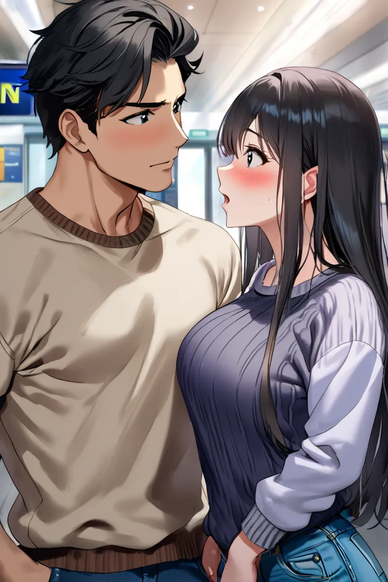 op quality, masterpiece, high resolution, 8k, (1 girl 1 boy ), The man and woman staring at each other, (face shot), (((１are busty female college students with semi-long black hair))), (((１is a man in a jumper and jeans))) troubled face, (close up), (((The...