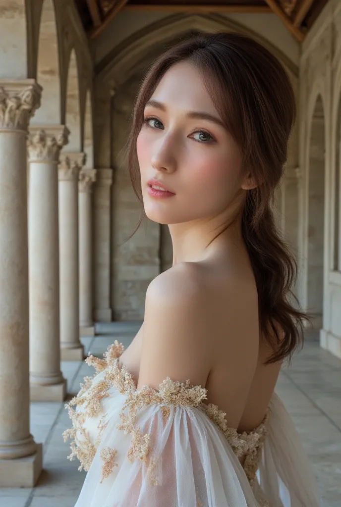 (A contemporary dancer), The Rose of Versailles, the spring of one's 14th year, French Revolution, Romanesque style, Female Close−Upperbody, from side view, Looking at viewers, gentle smile