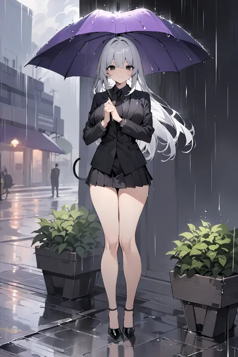 Masterpiece, Improved quality, High quality, Good anatomy, Well-formed hands, Healthy body, Intact fingers, Normal digits, 4k quality image, girl, handsome girl, perfect girl, full body, perfect girl, white hair, mini black skirt, black shirt, black tie, b...