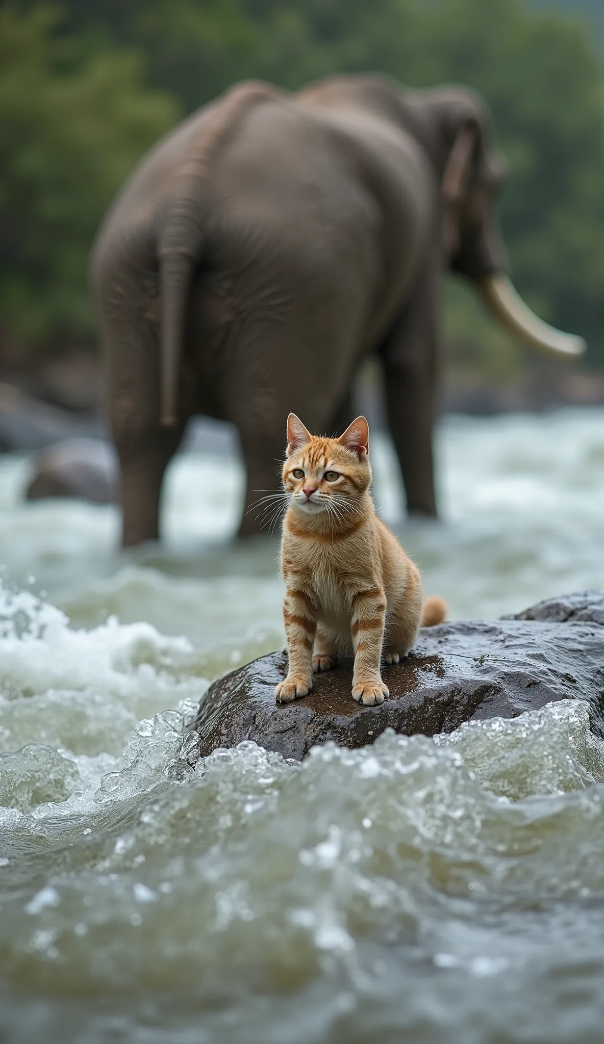 “The small cat is stuck on a rock in a rushing river, looking terrified as the water rises. The current is strong, and the cat struggles to hold on. The elephant stands on the riverbank, looking worried. The camera zooms in on the cat’s frightened expressi...