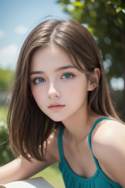 masterpiece, top quality , ultra detail), Portrait of an 18-year-old woman with light brown hair, Green round eyes, blue shorts ( Technical Background ) and reading a brown book - Auto Ultra Realistic