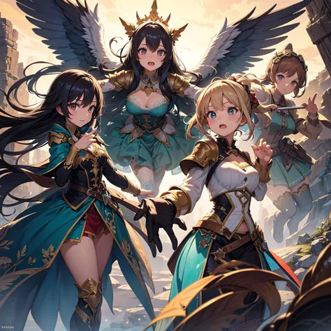 High quality, Ultra detailed, best quality, insanely detailed, beautiful, masterpiece, Group of Girls, Adventurer, Fantasy, Perfect Anatomy, Detailed Costume, Detailed Decoration, Perfect Hands, dynamic pose, dynamic angles