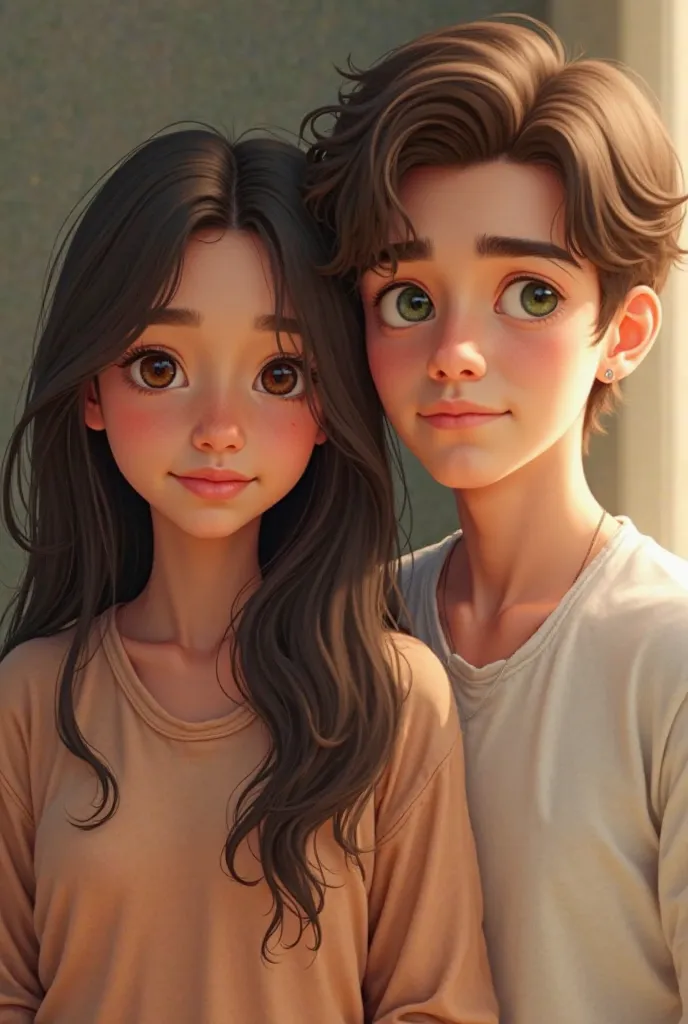 Image of a girl with light brown skin with Asian features, long brown hair and next to her a boy with fair skin,  green eyes and large , light brown hair, approximately 18 years old each and animated version please 