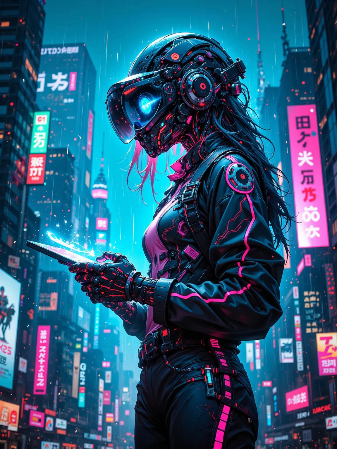 Scene of a leading tech female cyber hacker，illuminated future cityscapes，Wearing a tech-enhanced outfit，and equipped with a virtual reality helmet。Scenes showing her invading government databases，Surrounding a holographic data display and future tech gadg...