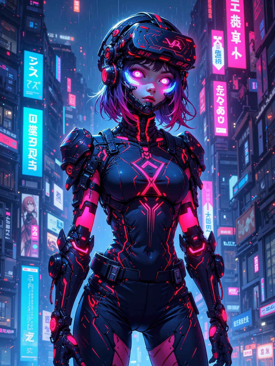 Scene of a leading tech female cyber hacker，illuminated future cityscapes，Wearing a tech-enhanced outfit，and equipped with a virtual reality helmet。Scenes showing her invading government databases，Surrounding a holographic data display and future tech gadg...