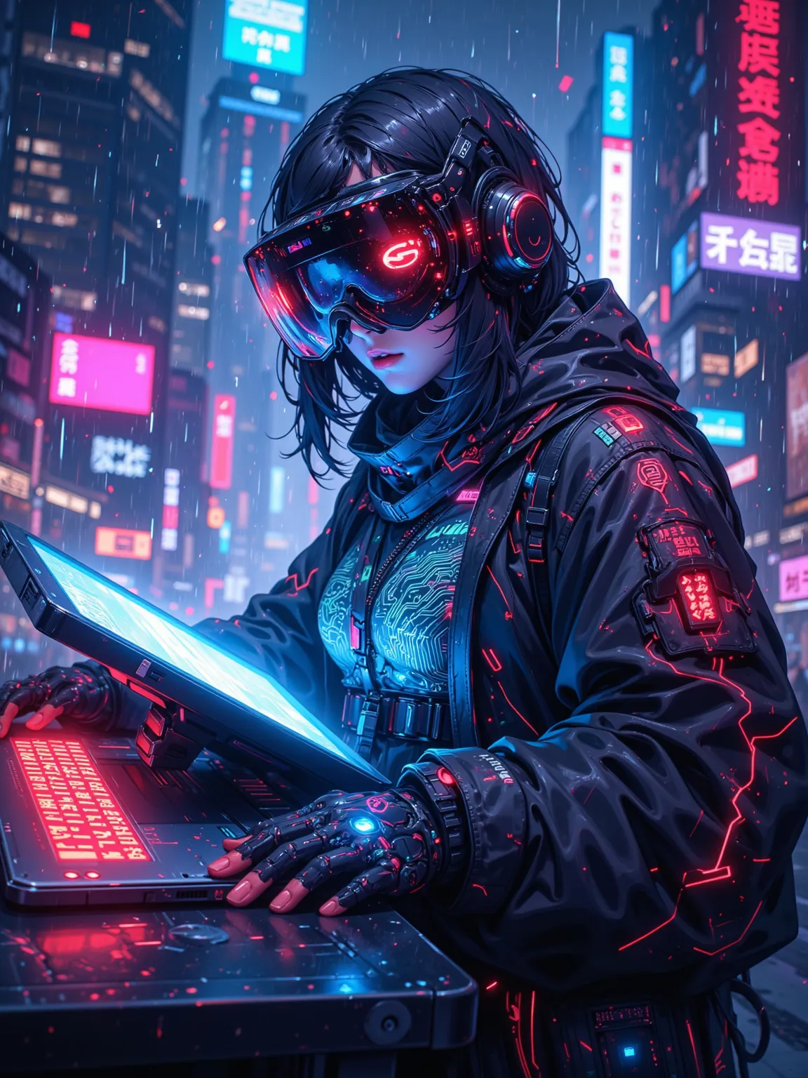 Scene of a leading tech female cyber hacker，illuminated future cityscapes，Wearing a tech-enhanced outfit，and equipped with a virtual reality helmet。Scenes showing her invading government databases，Surrounding a holographic data display and future tech gadg...