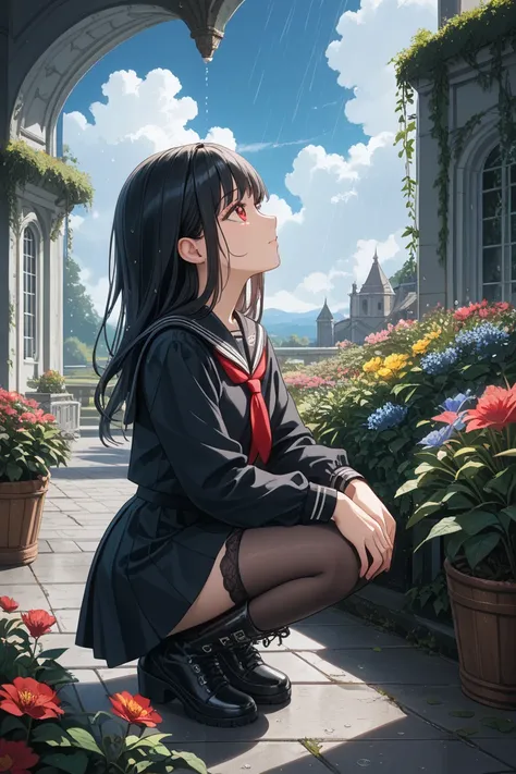 over the age of 25,  beautiful girl,  black hair,  long,  Princess cut, Wine red eyes, A soft gaze, closed mouth, is looking up at the sky, Crouching in the rain, ( black sailor suit on the background, Red tie,  black thigh-length stockings, thick stocking...