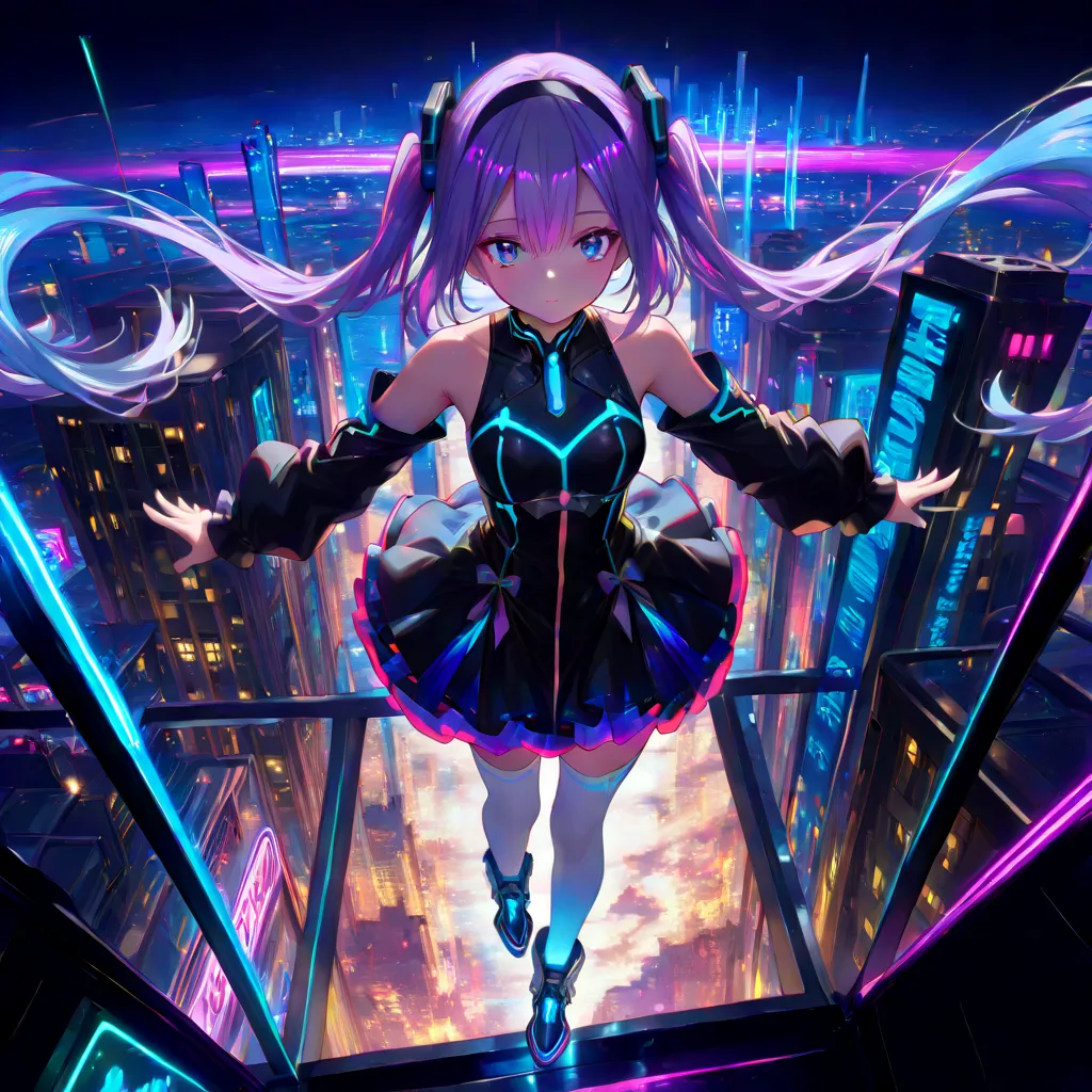 ((1 girl, solo, ritsu hayasaka, blue eyes, purple hair, twintails, hairband, sleeveless high neck white inner wear that fits to the body with neon light blue lines, black outerwear with neon glowing light blue lines, wear outerwear loosely so your shoulder...