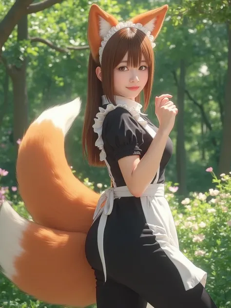 (( top quality , 8k)), ((Girl with straight brown hair)), (( Photorealistic)), ( masterpiece), Perfect Face , ((Woman with fox ears )), ((That woman has a fox tail )), foxgirl, (Her tail is big  ), ( That beautiful woman is shy), She's a college student  ,...