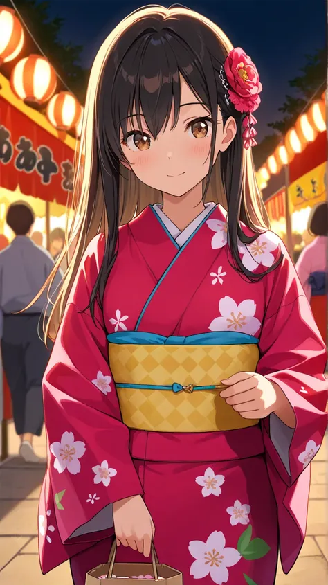 (masterpiece, best quality, ultra-detailed), anime girl, long   hair  , wearing a Kimono ,   festival , night , front view  , soft gold lighting 