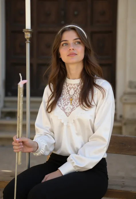 young 21-year-old German brunette woman ,  beautiful eyes .  long brown hair with wavy hair .    hairband   ,  necklace with cross , white satin lace blouse with white long satin sleeves ,   black tight pants ,  transparent lip gloss ,    green eyes,  blue...