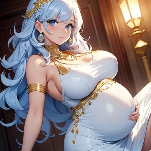 Pregnant woman, tight white party dress with gold details, curly blue hair, necklace, earrings (beautiful detailed blue eyes), blue gem embedded in her forehead