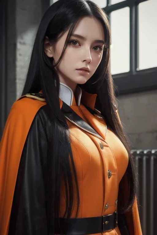  white  girl with long black hair is wearing a military uniform,  Orange Cape , Big hazel eyes,  Science Fiction , Dark mood, charturnerv2