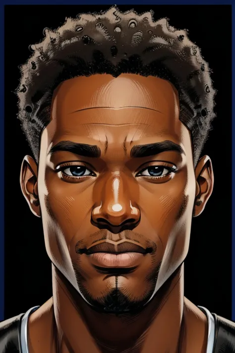 A handsome pleasant-faced and clean-shaven African American male. Comic-style realism animation mixed with digital painting. Polished and realistic effect. Emphasis on detailed expressions. Symmetrical eyes. Symmetrical face. Full color. Highly detailed 8K...