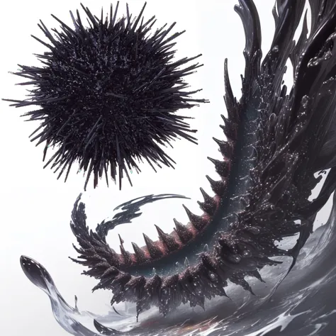 ferrofluids in background {x} Close-up photo of black sea urchin on white background, full of ferrofluid, ferrofluid, drooling ferrofluid, made of ferrofluid, ferrofluid oceans, ferrofluid armor, ferrofluids, drooling ferrofluid. , Sharp  skin, Sharp , fer...