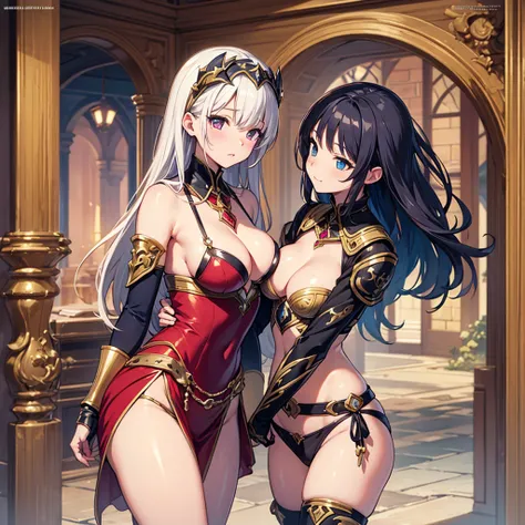 High quality, ultra detailed, best quality, highly detailed, beautiful, masterpiece, vibrant colors, shiny skin, female group, knights, medieval, fantasy, breasts, sexy pose, dynamic angles