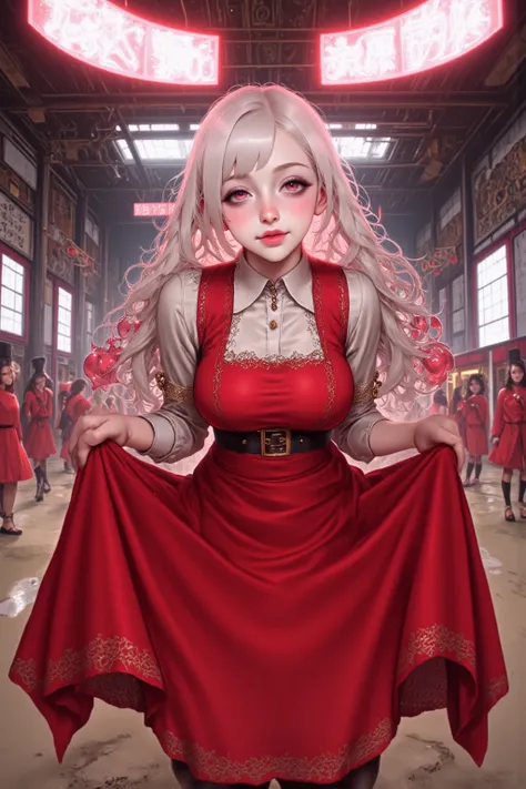 She has pale skin, platinum hair, and red eyes. She is wearing a red dress, holding her skirt with both hands and bowing her head slightly.She has a bright smile.It's a martial arts hall with bright lights.