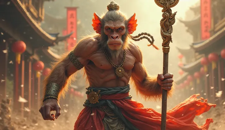 Sun Wukong, {monkey}, journey to the west,  如意棒を持ったSun Wukong,　demonstration with a sense of momentum and dynamism,　super detailed skin, masterpiece:1.4, photo-realistic, raw photo, 8K resolution,  Ultra HD, symmetric eyes,　 ( masterpiece:1.0),(Highest_ qu...