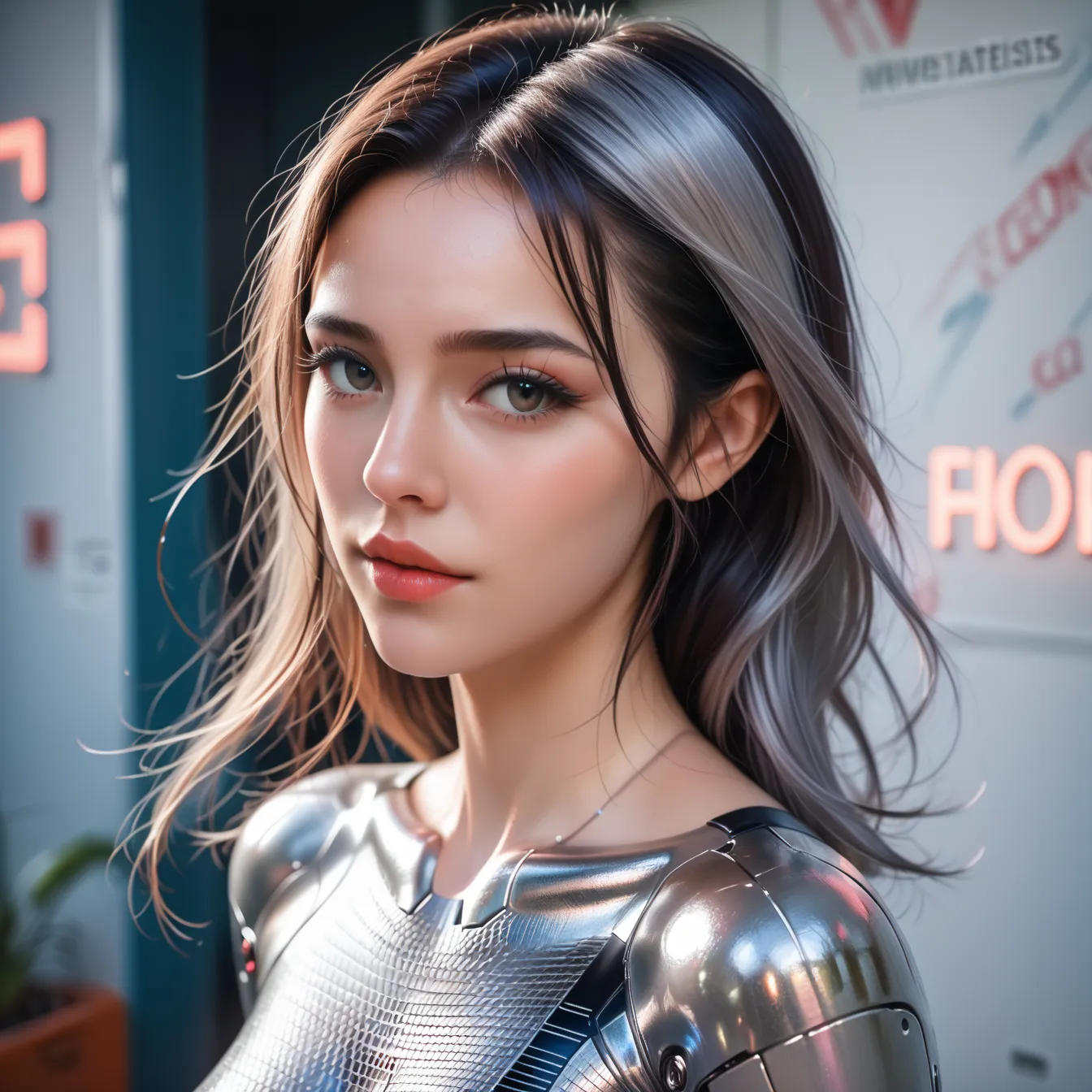 A girl with metallic hair, metallic skin, and a metallic spirit, (best quality,4k,8k,highres,masterpiece:1.2),ultra-detailed,(realistic,photorealistic,photo-realistic:1.37),1girl,detailed metal skin,internal metal,metallic hair,metal drops on skin,sci-fi,d...