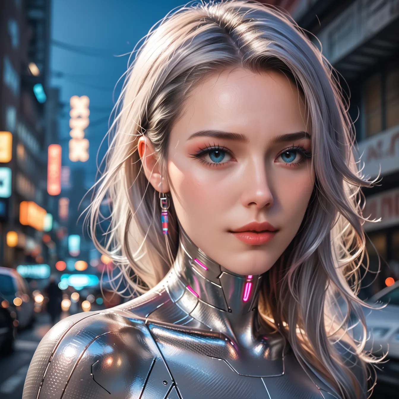 A girl with metallic hair, metallic skin, and a metallic spirit, (best quality,4k,8k,highres,masterpiece:1.2),ultra-detailed,(realistic,photorealistic,photo-realistic:1.37),1girl,detailed metal skin,internal metal,metallic hair,metal drops on skin,sci-fi,d...