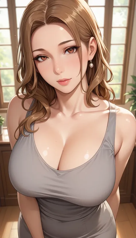 (masterpiece, best_quality:1.2), 1girl, solo, mature female, brown hair, long hair, (housewife:1.5, short grey tank top dress), beautiful eyes, female focus, looking at viewer, large breast, wide hips, ((above view)) ((close up shot)) ((solo)) detailed, ve...