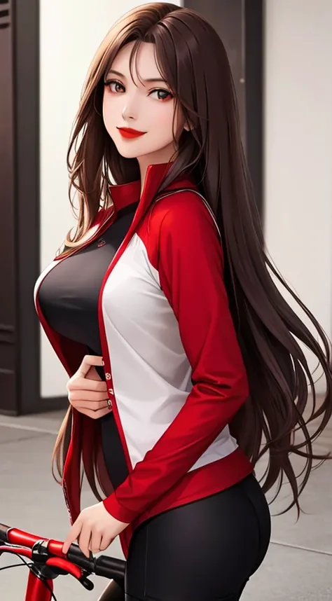 woman , long hair brown, normal, dark, she is solo, from alternative world ,best quality, realistic, cycling (full dark red color) suit and cycling sports black shorts, she is stand , smile, red lipstick , 