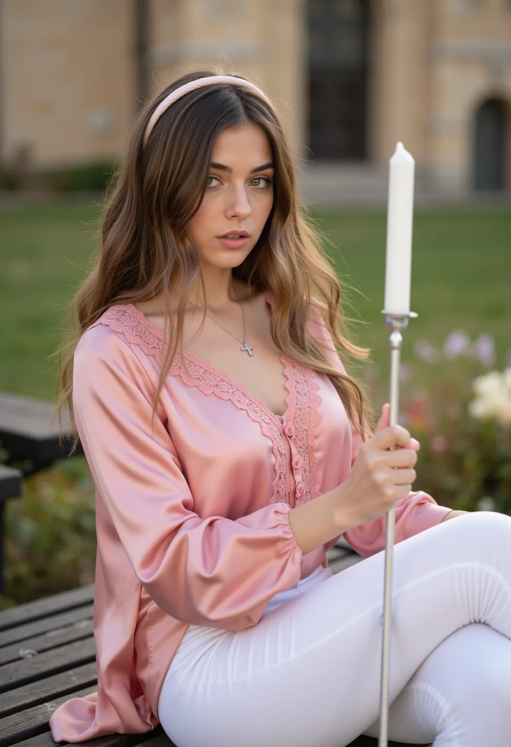 young 21-year-old German brunette woman ,  beautiful eyes .  long brown hair with wavy hair .    hairband   ,  necklace with cross , pink satin lace blouse with buttons and pink long satin sleeves ,  white tight pants,  transparent lip gloss ,    green eye...