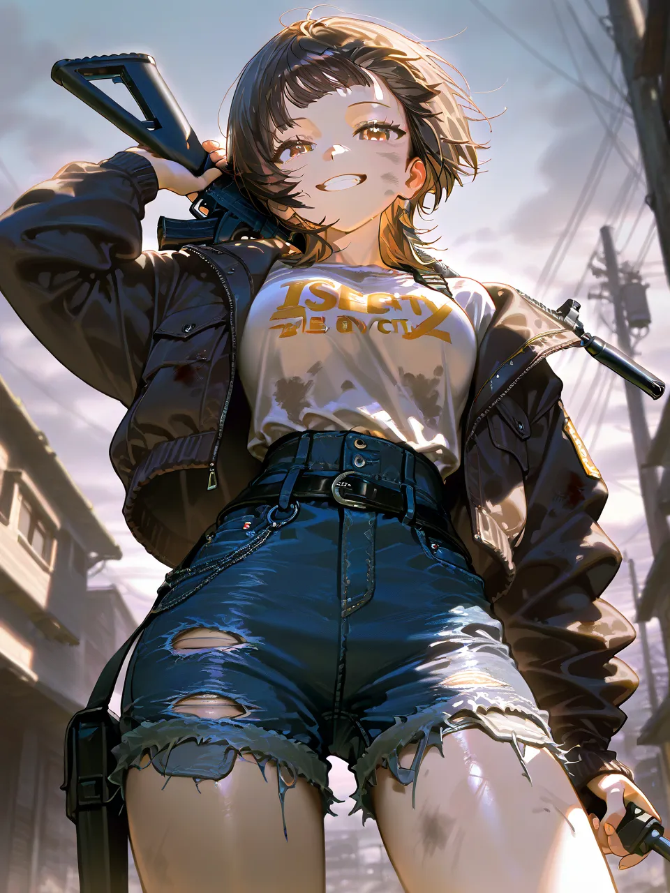 masterpiece、最 high quality、 high quality、 is very aesthetic、 absurd、up to date、 1 girl、 short brown hair、 short wolf cut, very short bangs, torn clothes、  dirty shirt, jacket  、、grin、、denim shorts、 assault rifle、 Holding Weapons 、 ruin city background、mast...