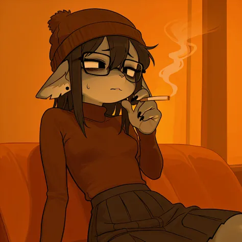 Grey furry girl, woman, tall, skirt, skinny, turtleneck, smoking cigarette, warm colors, cozy, flappy ears, all black eyes, brown beanie with ear flaps, grey, scared, earrings, glasses
