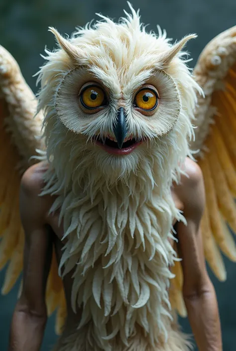  
Owl woman, king, 90 years, pele king, dirty and extremely wrinkled, feia. Eyes with yellow irises, owl eyes . white hair patterns, bulky, very long and disheveled, long and disheveled. new. naked. Owl body. Owl feathers all over the body.  Arms hidden be...