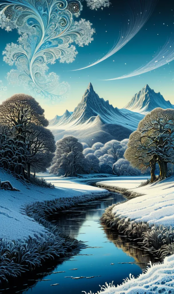   Create a breathtaking, surreal fantasy winter landscape in England,  Katana  ,    frill,    Zentangle Fractal Splash Style   ,    etching   , Ink v3, Digital Oil Painting,   Pointillism fantasy mail art by Aaron Hawkey 16K UHD     , dynamic, Rembrandt's ...