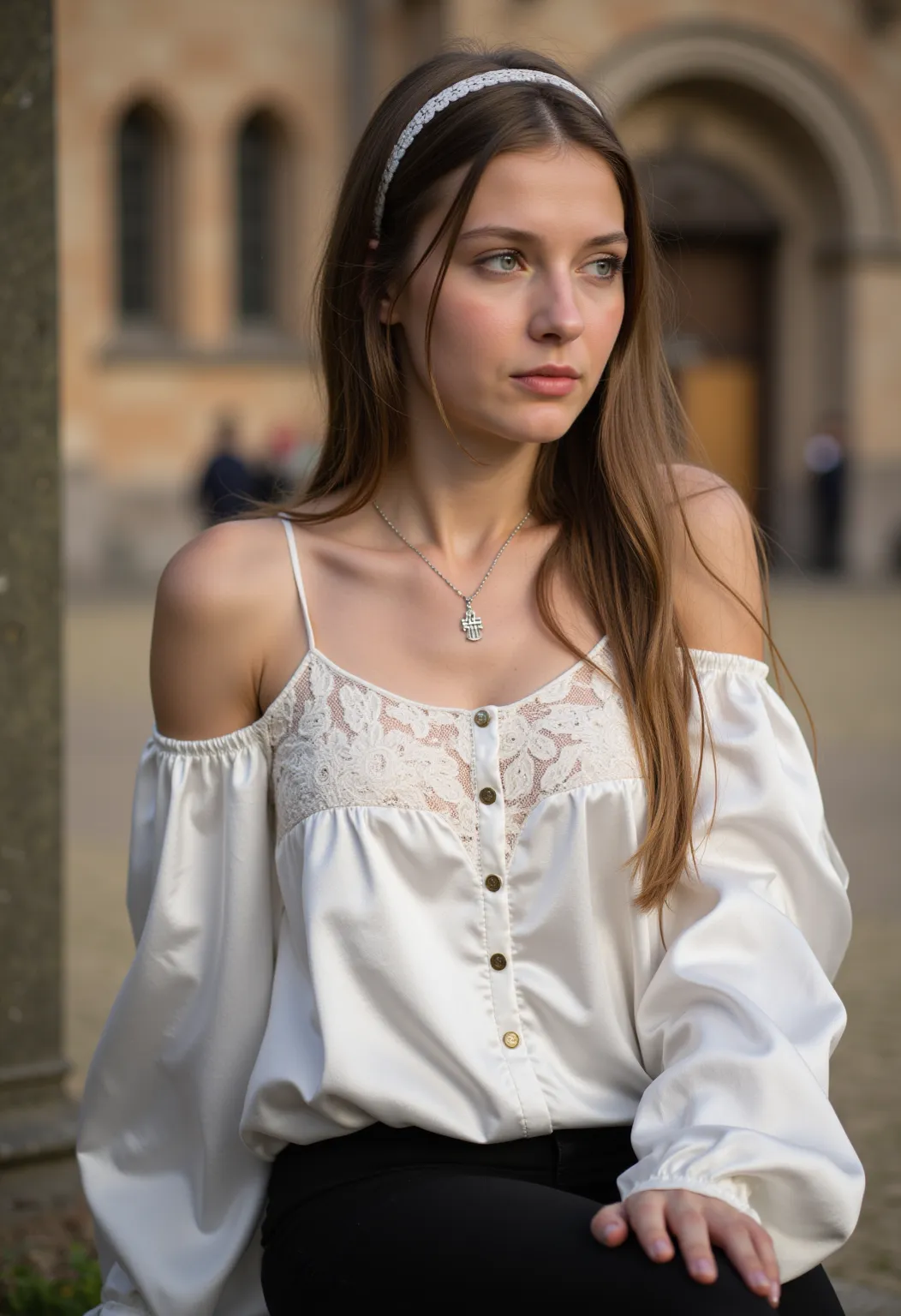 young 21-year-old German brunette woman ,  beautiful eyes .  long brown hair with wavy hair .    hairband   ,  necklace with cross , white satin lace blouse with buttons and white long satin sleeves ,   black tight pants ,  transparent lip gloss ,    green...