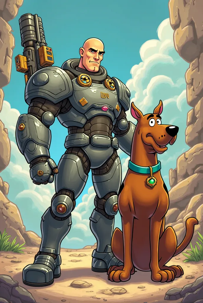 Shaggy scooby doo bald cartoon style, lusgun, armor