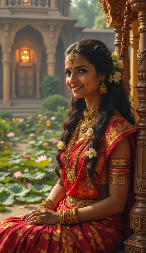 A highly detailed and realistic scene set in ancient South India, depicting a 22-year-old beautiful woman living a prosperous and luxurious life. She is adorned in a rich silk saree with intricate golden borders, wearing elegant gold jewelry, including ban...