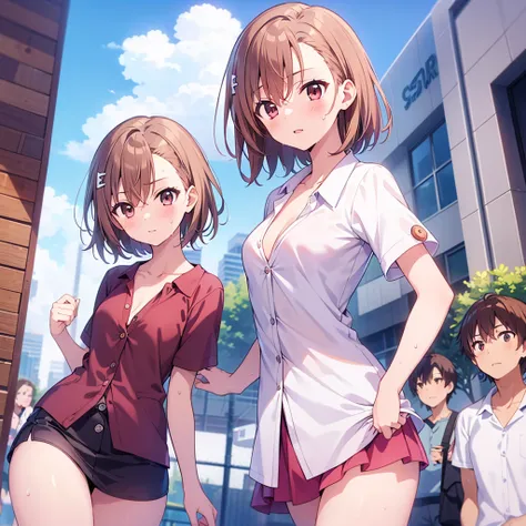 ( masterpiece, TOP QUALITY, 8k:1.2),very well detailed, (Anime:1.1), Misaka_Mikoto, brown hair on both arms,  short hair,  hairpins, Small medium breasts, 1 girl, ( short sleeve shirt, ( button:1.3), clavicle, miniskirt, sweat, summer, city), Dutch angle, ...