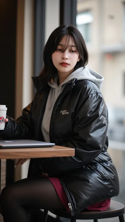 (((8K))), (((life-like realism))), (((masterpiece))), ((anatomically correct)), ((best quality)), ((realistic photograph)), ((minimal look)), ((fashionable look)), ((Mocha Mousse)), [[stylish Korean girl, 23years old girl, black glossy puffer jacket, light...