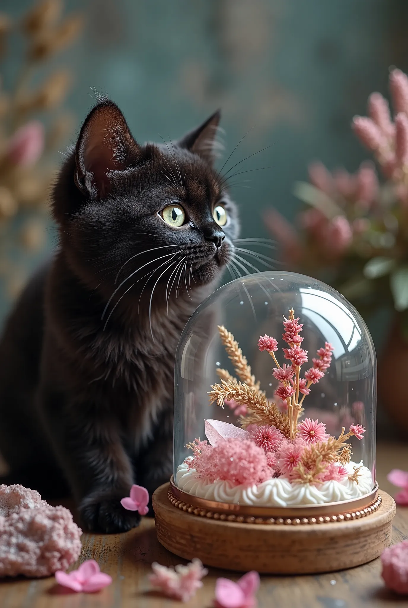 a cute and happy black, cat looking at a crystal dome with dried plants, some crystal stones and a butterfly, fuchsia flowers, intricate details, highly detailed, 8k, photorealistic, masterpiece, studio lighting, cinematic composition, dramatic lighting, v...