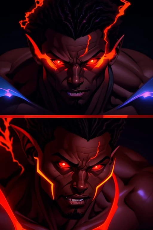 An incubus resembling a handsome African American man. The incubus has glowing red eyes. Comic-style realism animation mixed with digital painting. Polished and realistic effect. Emphasis on detailed expressions and smooth gradients giving a balanced and c...