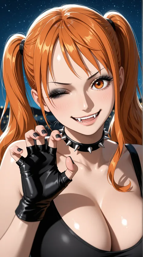 Nami, One Piece, medium shot, medium depth of field, rule of thirds, detailed eyes, black eyeshadow, long eyelashes, black eyeliner, symmetrical teeth, sharp vampire fangs, soft eye glow, orange eyes, orange hair, long hair, twintails, spiked choker, black...